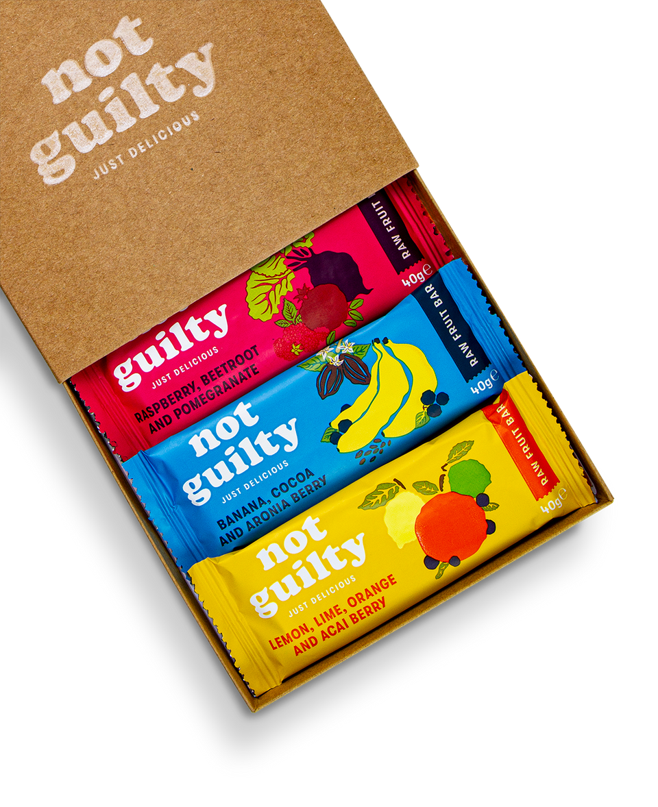 not guilty - just delicious 3 vegan fruit bar sample pack. Contains: 1 x 40g lemon, lime orange and acai berry 1 x 40g banana, cocoa and aronia berry 1 x 40g raspberry, beetroot and pomegranate